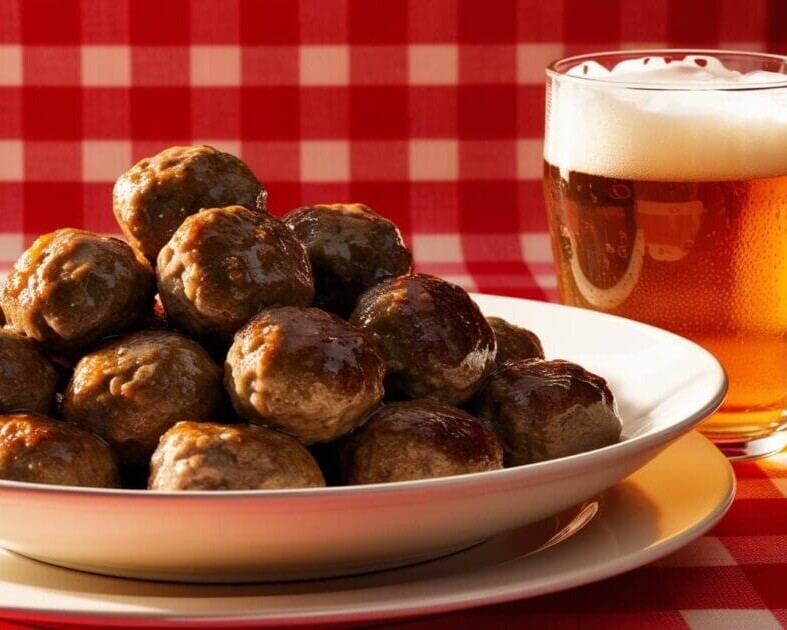 Øl og frikadeller. Genrebillede: Canva.