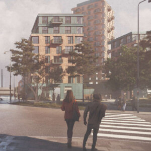 I planen er et nyt såkaldt "multifunktionshus" indtænkt med butikker i stueetagen. Illustration: Esbjerg Kommune.