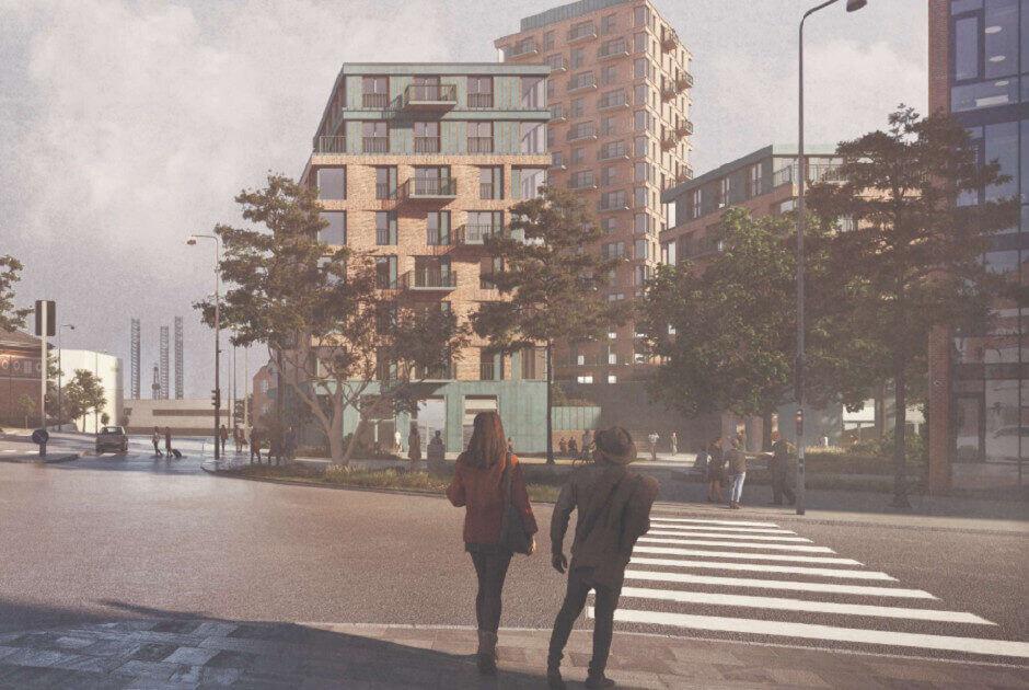 I planen er et nyt såkaldt "multifunktionshus" indtænkt med butikker i stueetagen. Illustration: Esbjerg Kommune.