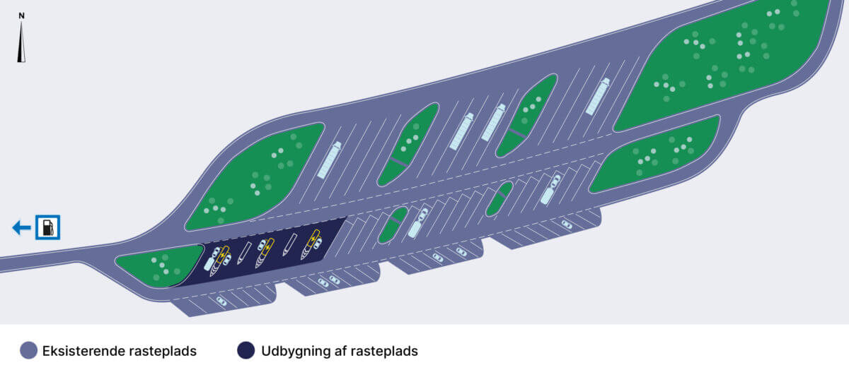Visualisering af den kommende ladepark på Harte Syd. Grafik: Vejdirektoratet.
