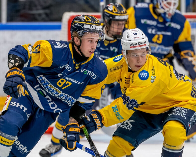 Esbjerg Energys Sebastian Skovning (th) i nærkamp med Herning Blue Fox' Marcus Kjær Almquist. Foto: Danmarks Ishockey Union.