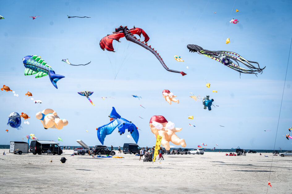 Drager formet som fisk, drager, blæksprutter og endda babyer skabte et surrealistisk sceneri over stranden. Foto: Fjodor Pedersen.