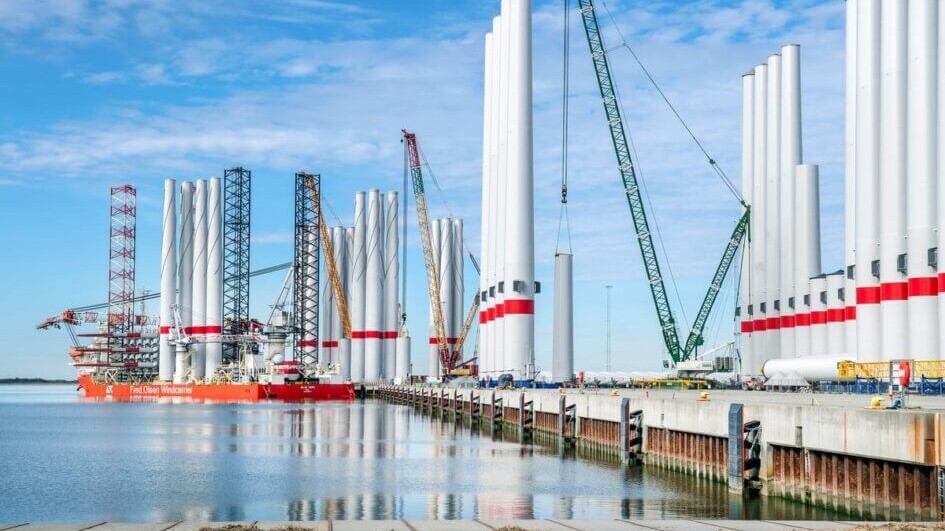 Vindmølleskibet Blue Tern ved Leokaj. Til højre ses dele til vindmøller på Virgokaj I Østhavn ved Esbjerg Havn.