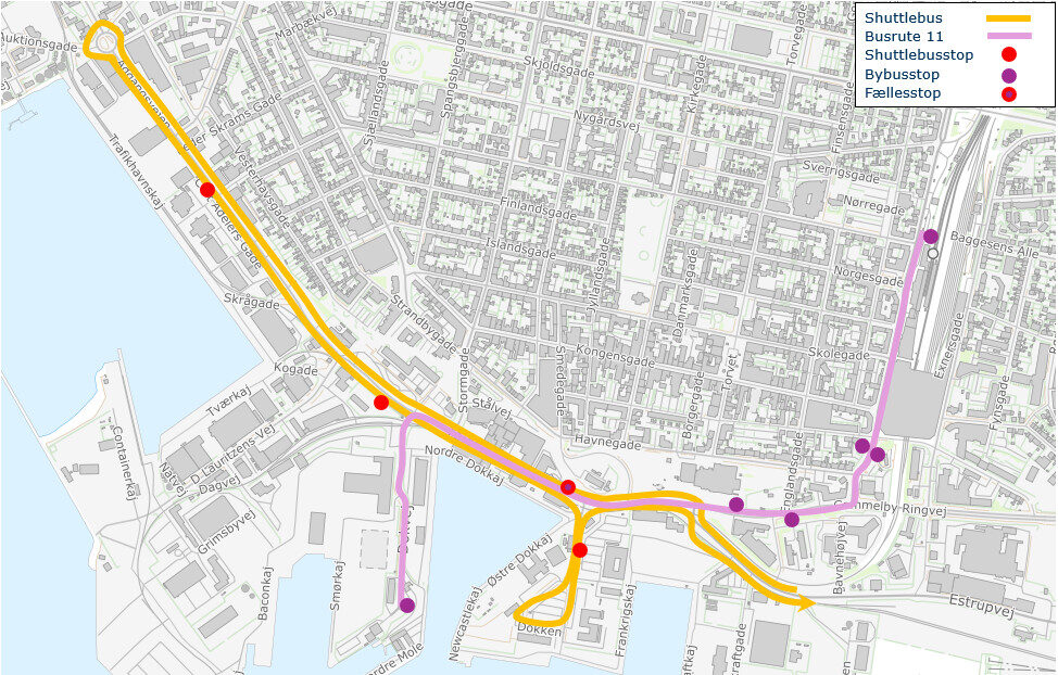 Shuttlebusserne kører denne rute i forbindelse med Tall Ships Race i Esbjerg 2025.