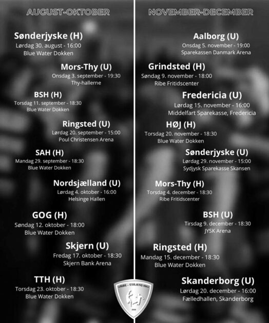 Kampprogram Ribe-Esbjerg HH august til december.
