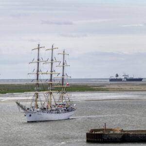 Polske Dar Młodzieży anløber Esbjerg under The Tall Ships Races i 2022. Med sine 108,8 meter var det dengang det største skib i flåden – i år overgås det dog af peruvianske BAP Unión på hele 115,7 meter. Foto: Esbjerg Kommune.