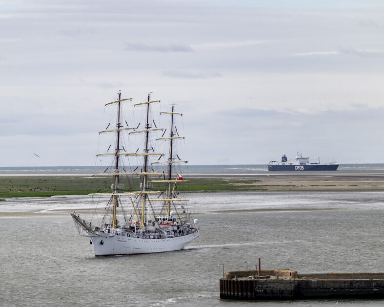 Polske Dar Młodzieży anløber Esbjerg under The Tall Ships Races i 2022. Med sine 108,8 meter var det dengang det største skib i flåden – i år overgås det dog af peruvianske BAP Unión på hele 115,7 meter. Foto: Esbjerg Kommune.