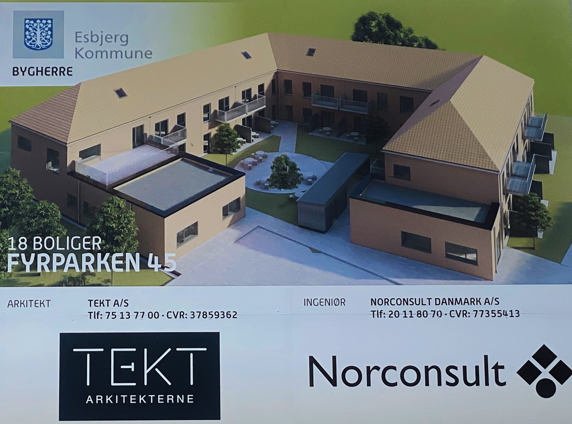 Skitse af byggeri i fugleperspektiv.