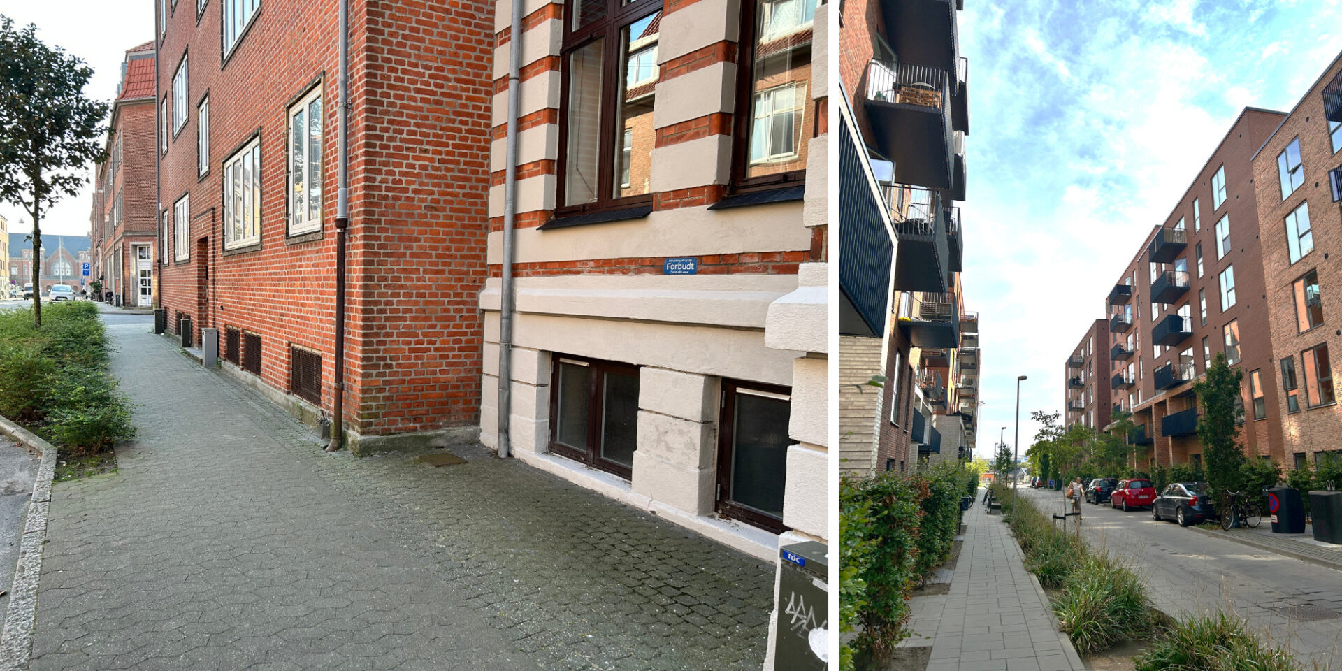 Fra Esbjerg ses en kantzone med belægning og et eksempel fra Aarhus på et nyere byggeri med en grøn kantzone.