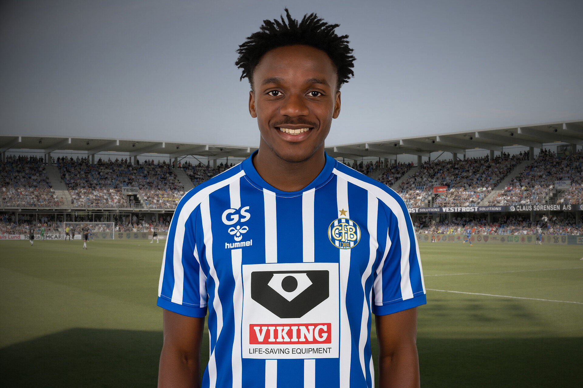 John Oluwatomiwa Kolawole er ny mand i EfB-trøjen. AI-genereret illustration.