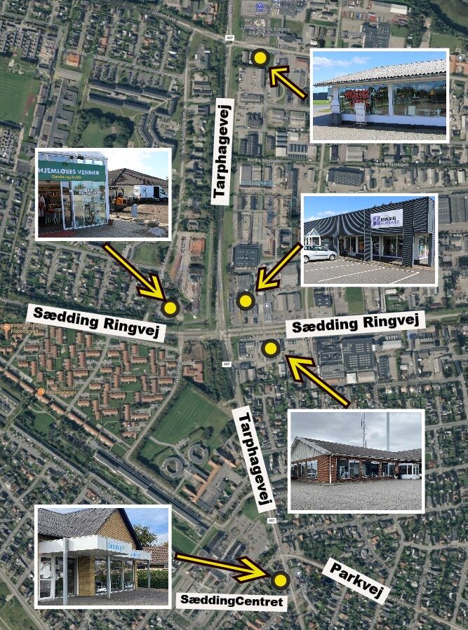 Kort over placeringen af genbrugsbutikker.