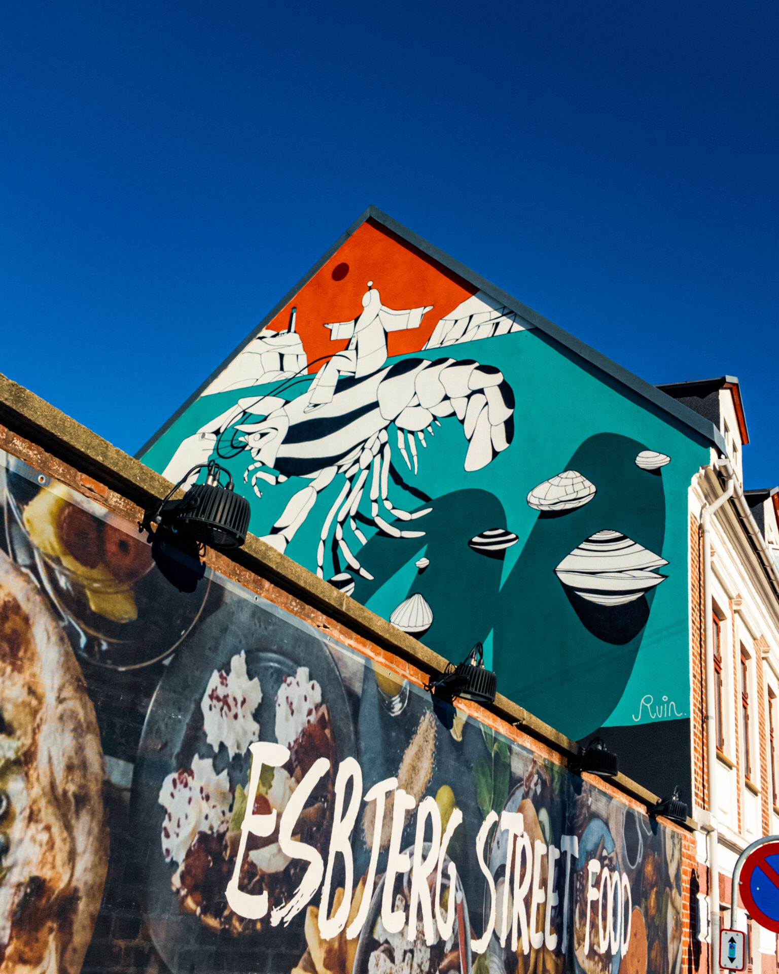Street art ved Esbjerg Street Food: Det store maleri på gavlen af Borgergade 33 blev malet i august af den østrigske kunstner RUIN - organiseret af Galleri Grisk. Foto: Fjodor Pedersen.