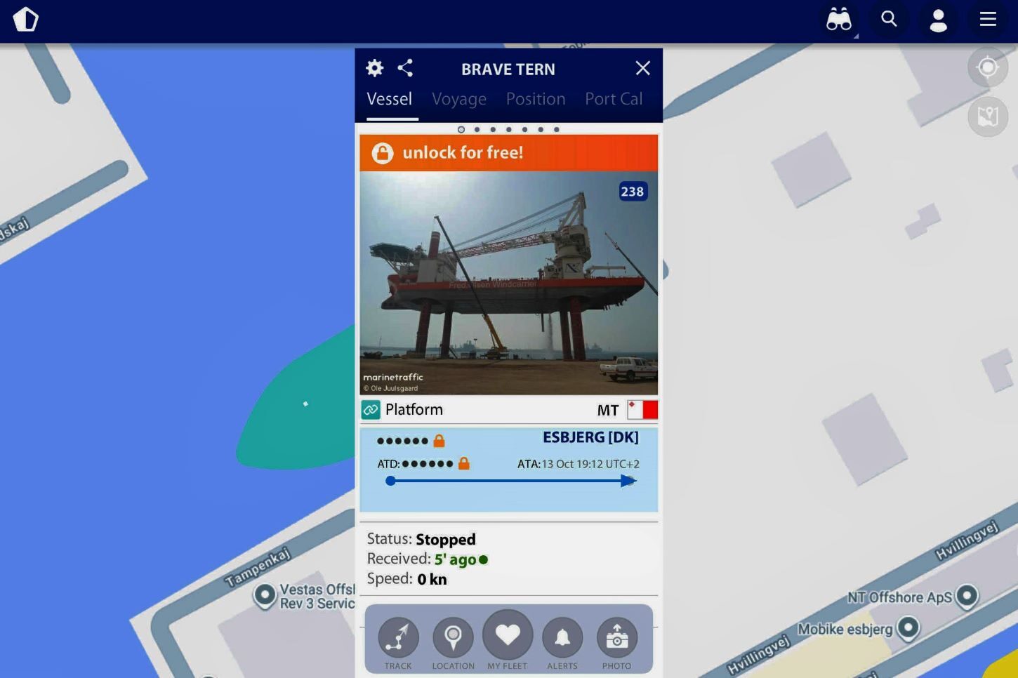 Appen Marine Traffic giver aktuelle data. Skærmbillede.