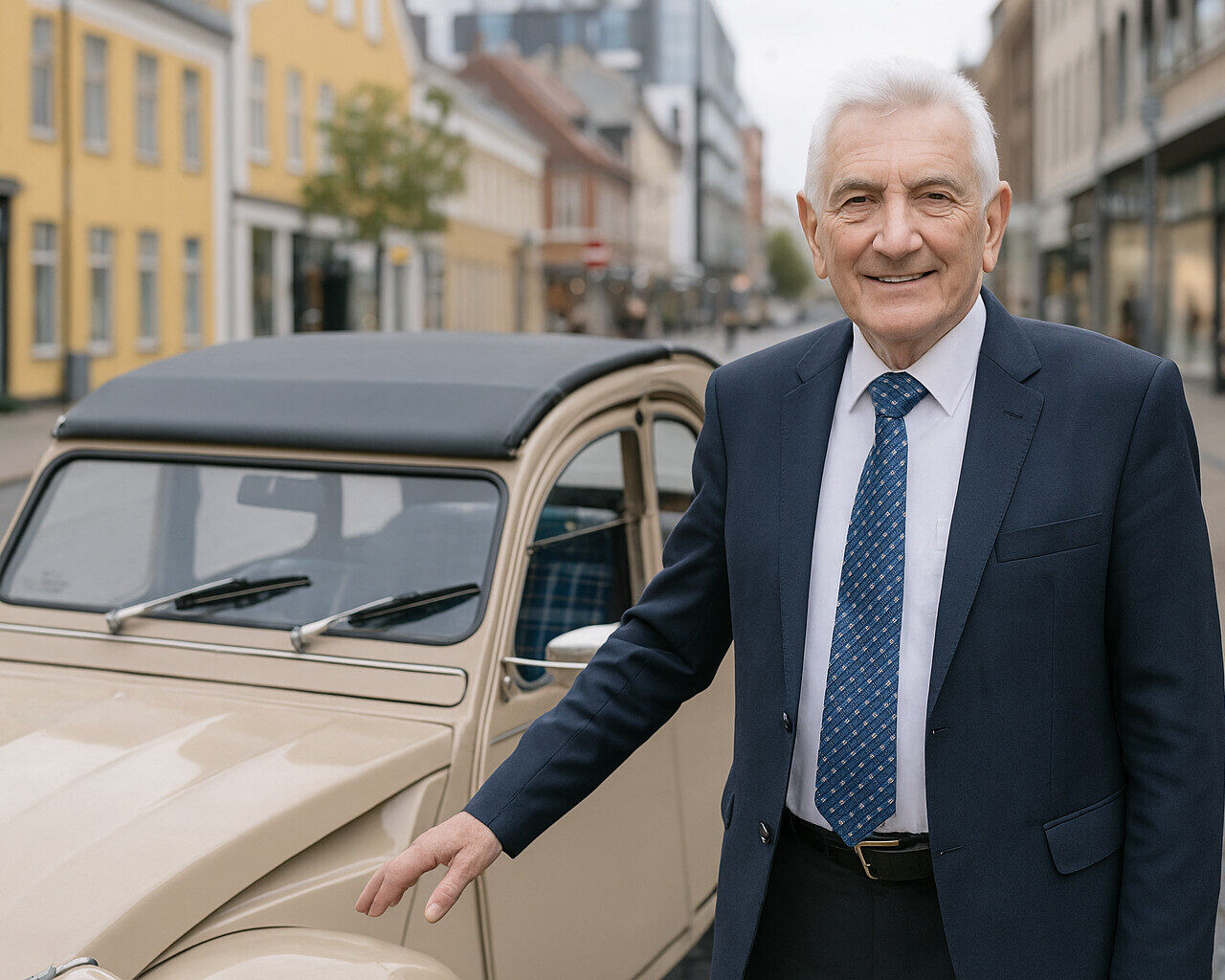 I sin tid som kommunalpolitiker foreslog Tom Knudsen flere gange at nedlægge gågaden og genindføre kørsel og parkering. AI-genereret foto.