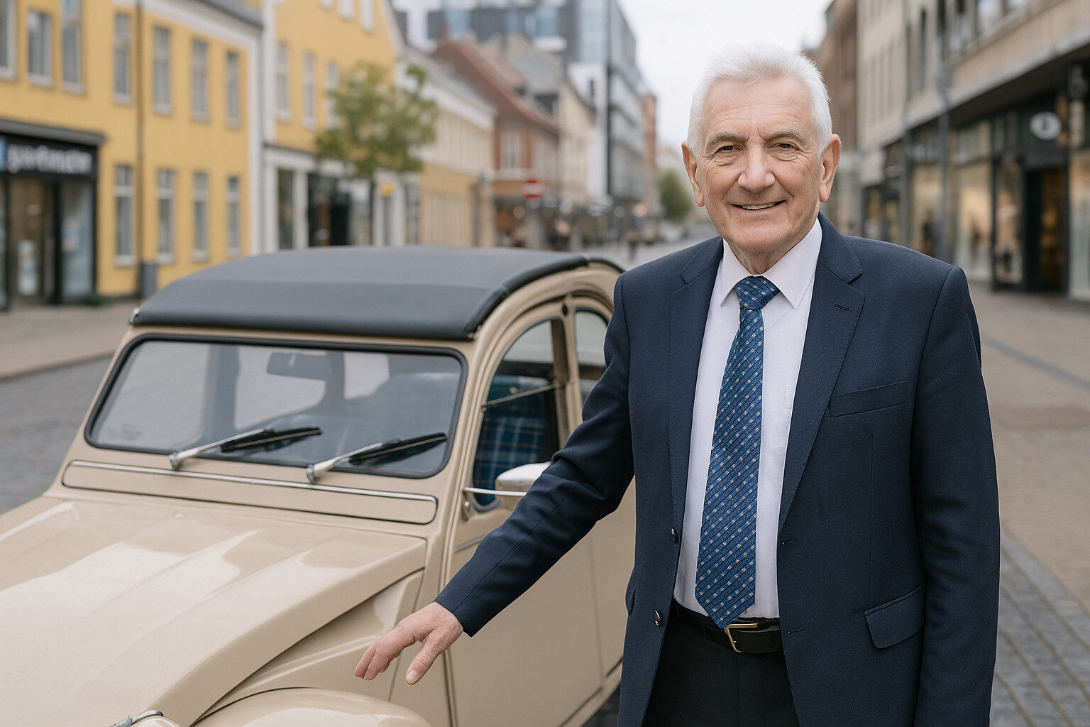 I sin tid som kommunalpolitiker foreslog Tom Knudsen flere gange at nedlægge gågaden og genindføre kørsel og parkering. AI-genereret foto.