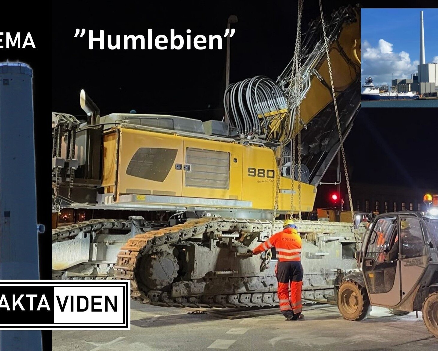 Den 200 ton tunge Liebherr-klippemaskine fra P. Olesen, kaldet Humlebien, er tidligere brugt i spektakulære nedrivninger – og ventes snart i aktion ved Esbjergværket. Foto: Hovedstadens Beredskab/ Collage: Johnny Tauman.