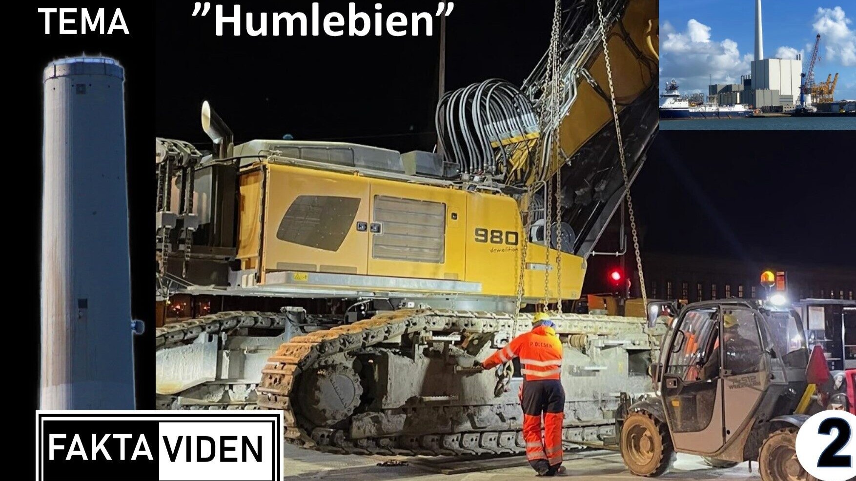 Den 200 ton tunge Liebherr-klippemaskine fra P. Olesen, kaldet Humlebien, er tidligere brugt i spektakulære nedrivninger – og ventes snart i aktion ved Esbjergværket. Foto: Hovedstadens Beredskab/ Collage: Johnny Tauman.