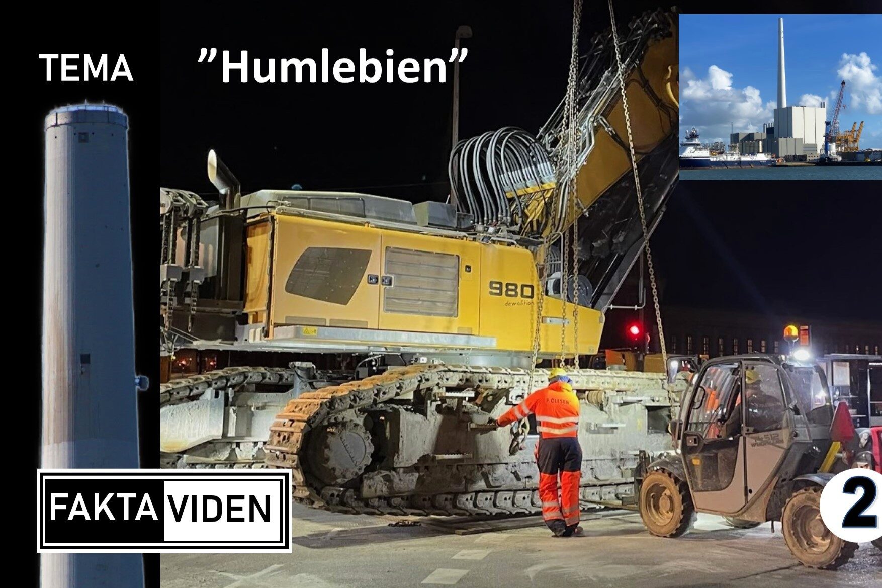 Den 200 ton tunge Liebherr-klippemaskine fra P. Olesen, kaldet Humlebien, er tidligere brugt i spektakulære nedrivninger – og ventes snart i aktion ved Esbjergværket. Foto: Hovedstadens Beredskab/ Collage: Johnny Tauman.