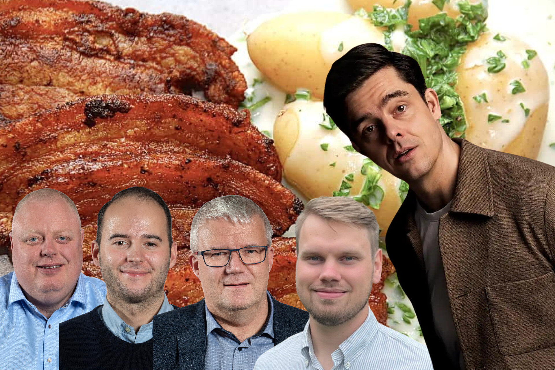 Rasmus Rasmussen (S), Dino Selimovic (K), Hans Erik Andersen (V) og Tobias Wittendorf (RV) stiller op til debat med Michael Schøtt på Jerne Kro. Pressefotos.