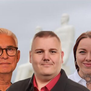 Hardy Jack Rasmussen, Henning Emil Hein og Maria Hilding, nr. 10, 19 og 6 på liste A. PR-foto.