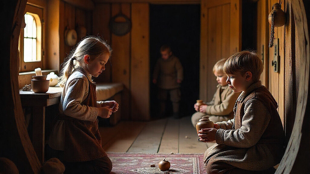 Børn træder ind i vikingernes verden på Museet Ribes Vikinger. I det nye oplevelsesunivers Riberødder kan man lege sig gennem livet i Danmarks ældste by. PR-foto: Museum Vest.