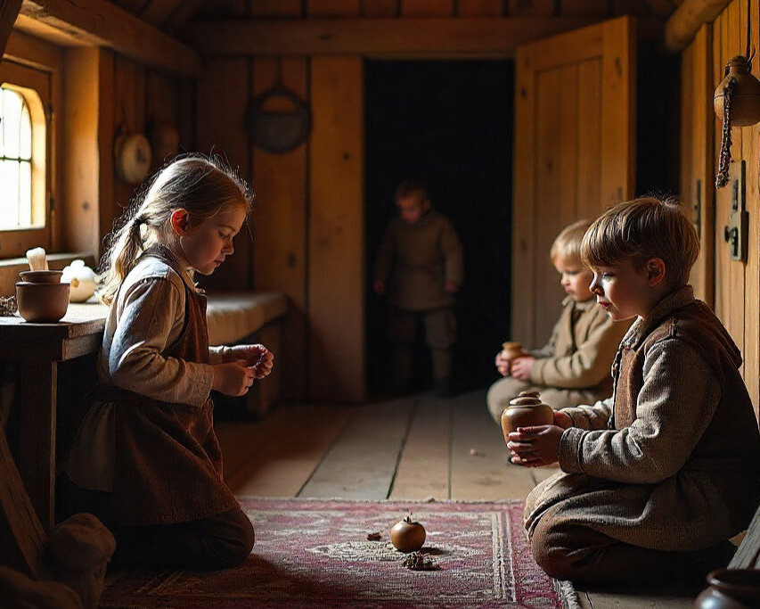 Børn træder ind i vikingernes verden på Museet Ribes Vikinger. I det nye oplevelsesunivers Riberødder kan man lege sig gennem livet i Danmarks ældste by. PR-foto: Museum Vest.