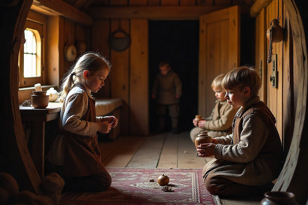 Børn træder ind i vikingernes verden på Museet Ribes Vikinger. I det nye oplevelsesunivers Riberødder kan man lege sig gennem livet i Danmarks ældste by. PR-foto: Museum Vest.