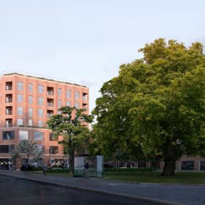 Set fra Skolegade: Heerups Hus bliver et nyt, markant indslag ved Torvet og Heerups Have i Esbjergs midtby. Foto: EFFEKT / E. Bank Lauridsen Holding.