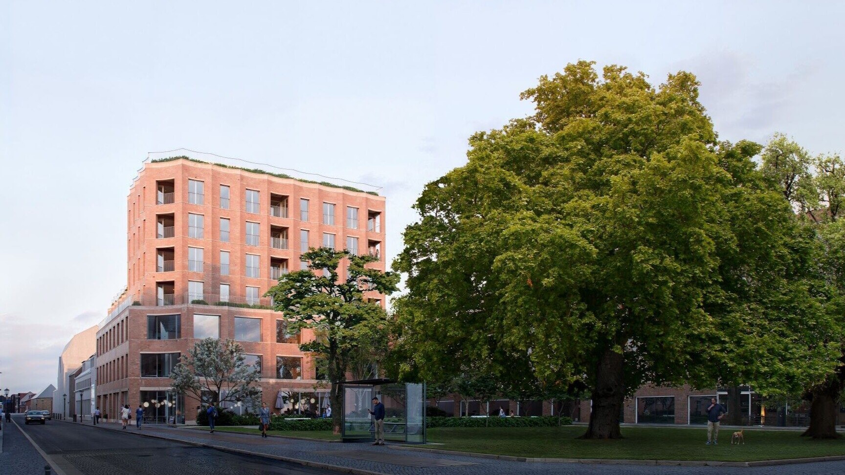 Set fra Skolegade: Heerups Hus bliver et nyt, markant indslag ved Torvet og Heerups Have i Esbjergs midtby. Foto: EFFEKT / E. Bank Lauridsen Holding.