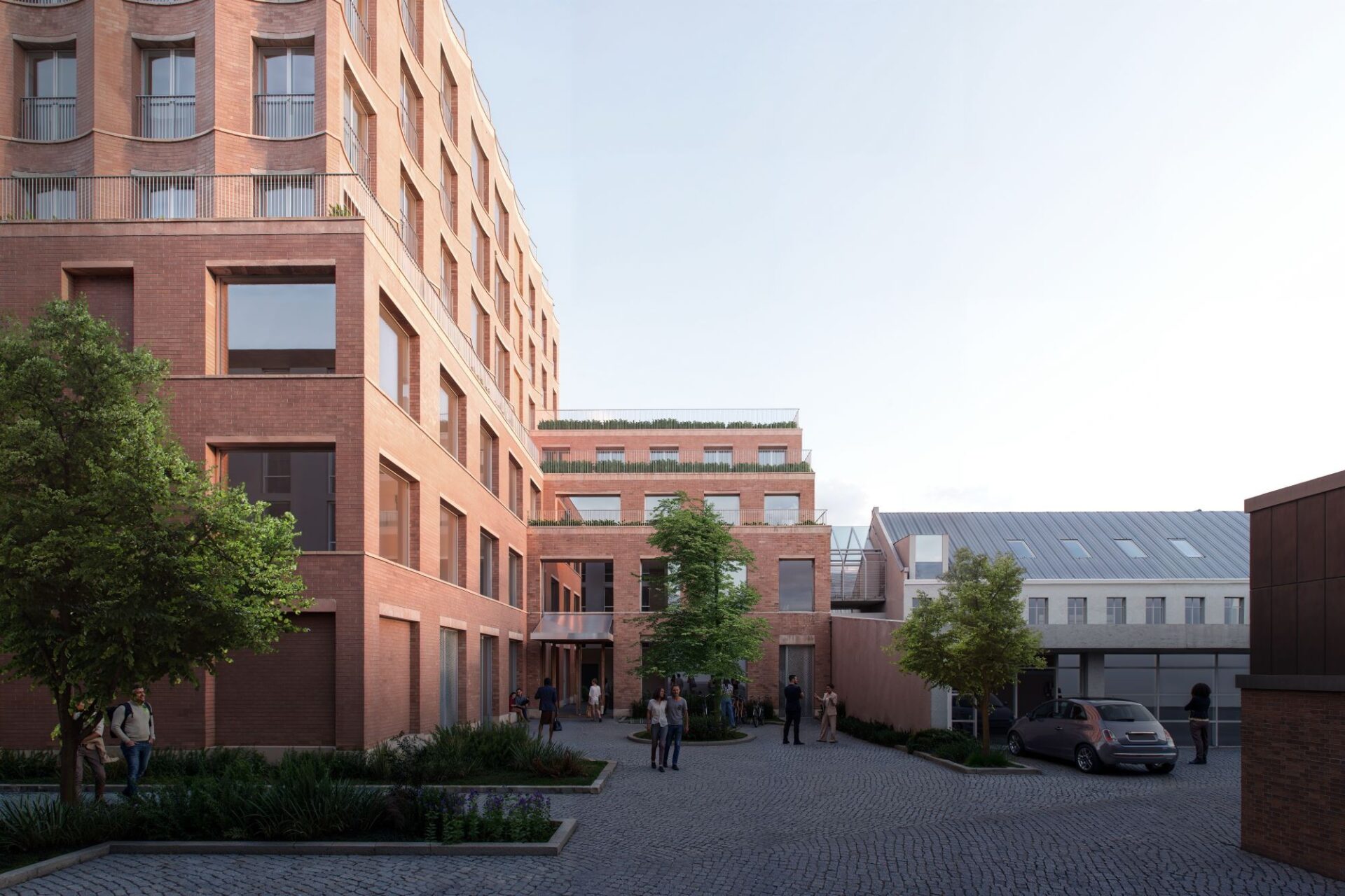 Visualisering af den kommende gårdrumsside af Heerups Hus på Skolegade 39. Bygningen opføres i tegl og får både erhverv, kontorer og boliger. Foto: EFFEKT / E. Bank Lauridsen Holding.