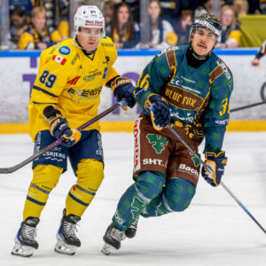 Todd Winder (tv) er blevet en kæmpe profil for Esbjerg Energy. Her med Oliver Kiljunen fra Herning. Foto: Danmarks Ishockey Union.