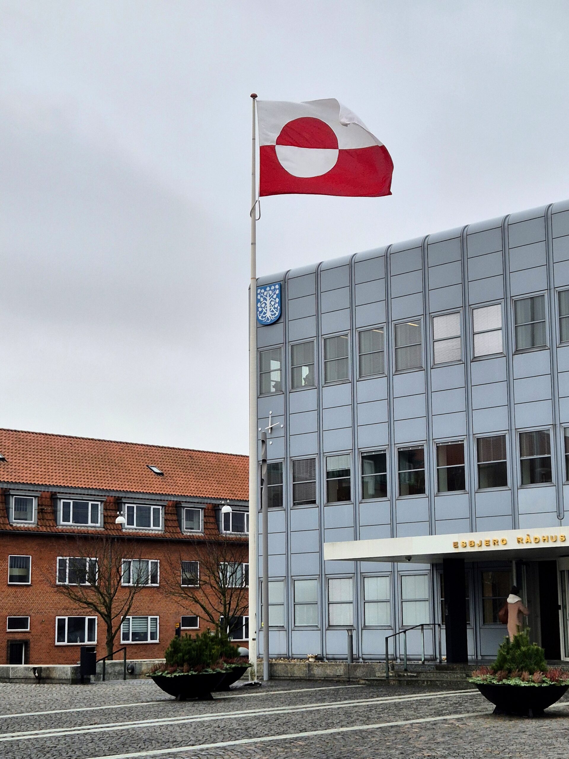 Det grønlandske flag, Erfalasorput, vajede fredag foran rådhuset i Torvegade. Foto: Camilla Uth.