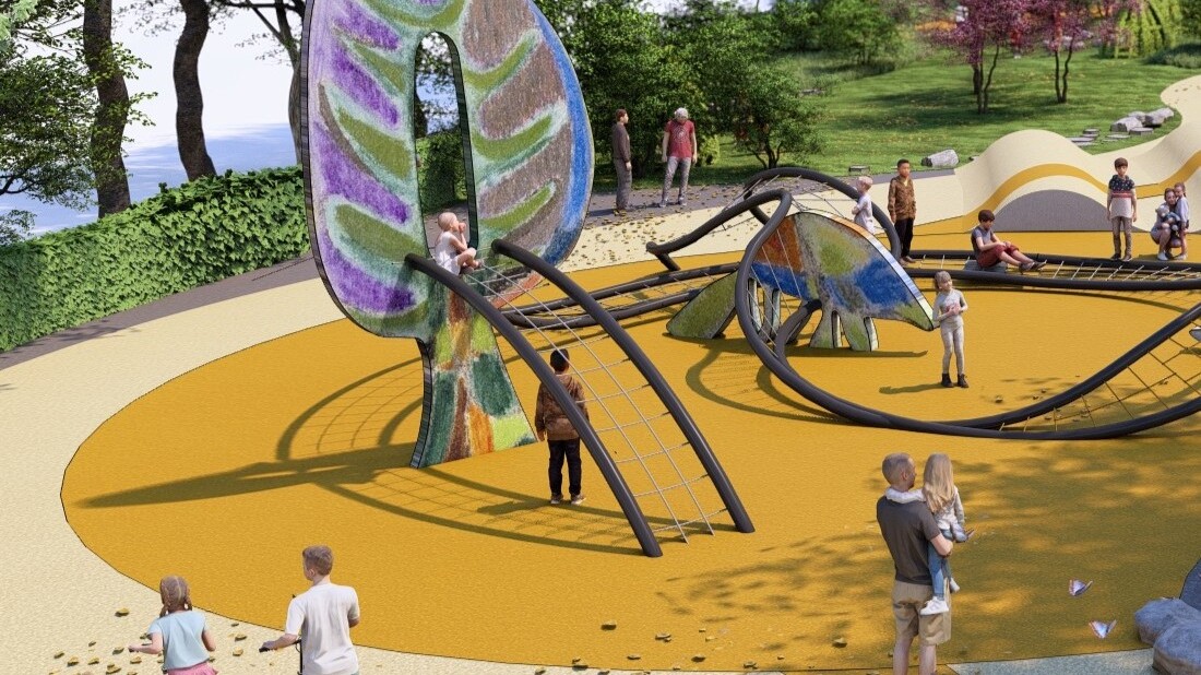 Vejret har sat naturlige rammer for den sidste finish, og den farverige belægning etableres derfor til foråret. Illustration: Elverdal.