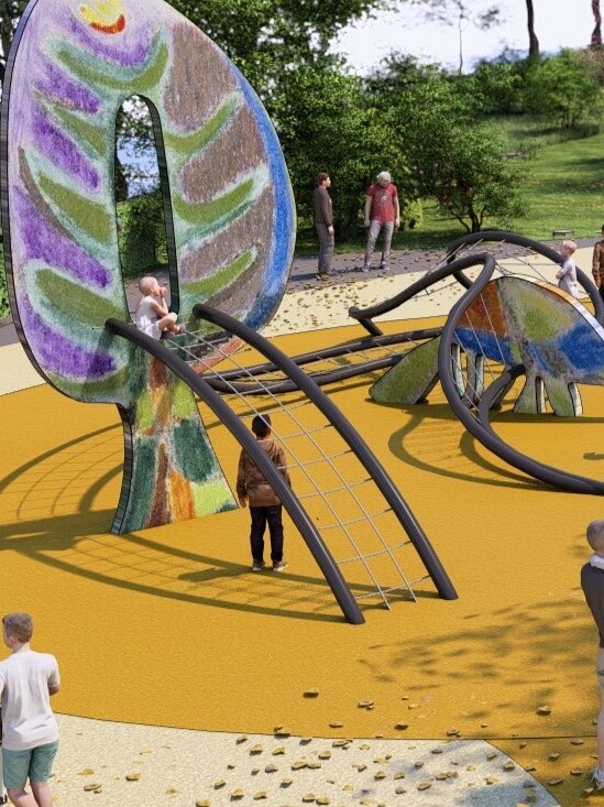 Vejret har sat naturlige rammer for den sidste finish, og den farverige belægning etableres derfor til foråret. Illustration: Elverdal.