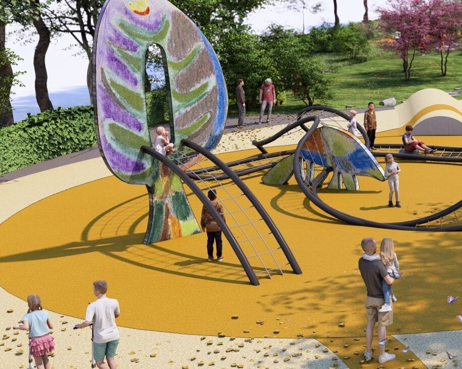 Vejret har sat naturlige rammer for den sidste finish, og den farverige belægning etableres derfor til foråret. Illustration: Elverdal.