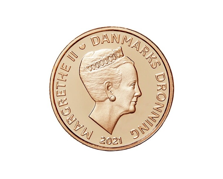Forsiden af en ægte 20-kroners mønt fra 2021. Foto: Danmarks Nationalbank.