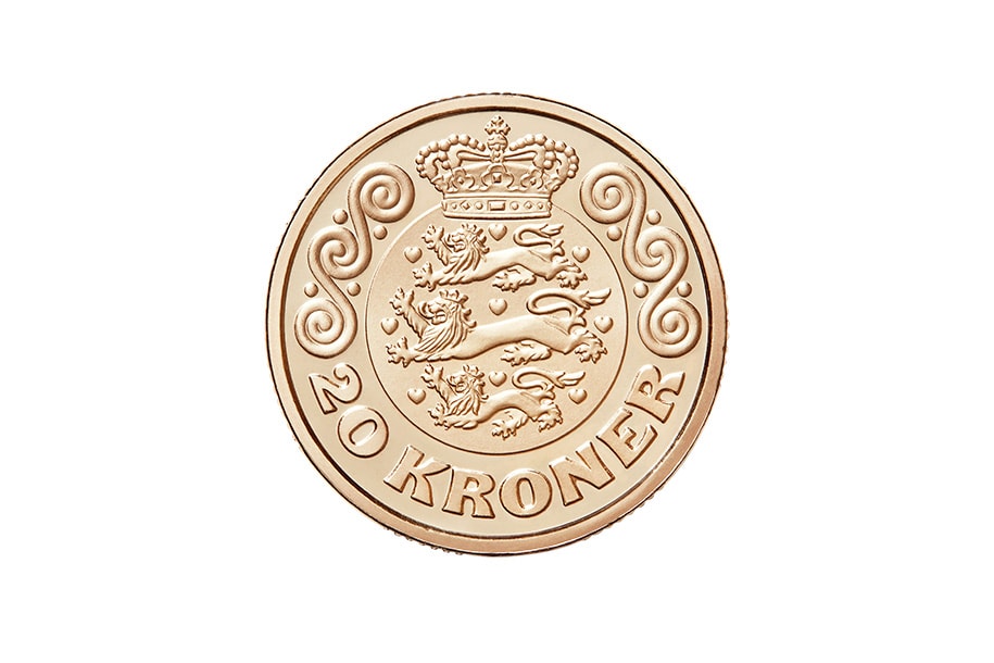 Bagsiden af en ægte 20-kroners mønt fra 2021. Foto: Danmarks Nationalbank.