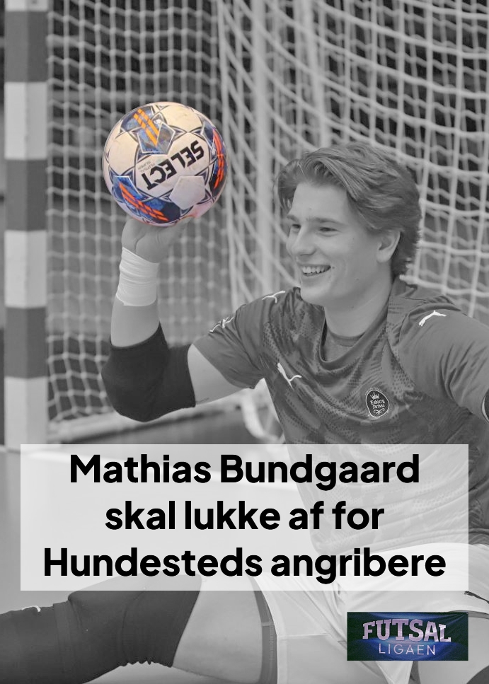 EsbjergFutsals unge målmand Mathias Bundgaard skal lukke af for Hundesteds angribere. Foto/Collage: Johnny Tauman.