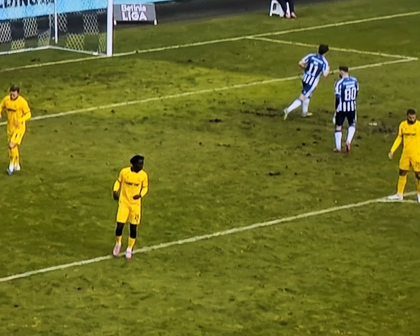 Det lignede mere pløjemark end fodboldbane på Blue Water Arena i dag. Privatfoto.