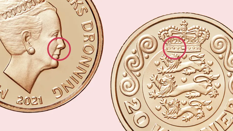 Det er oftest de små detaljer, der afslører forsøg på forfalskninger – fx omkring mund og næse på portrættet på forsiden eller stenene i kongekronen på bagsiden. Foto: Nationalbanken.
