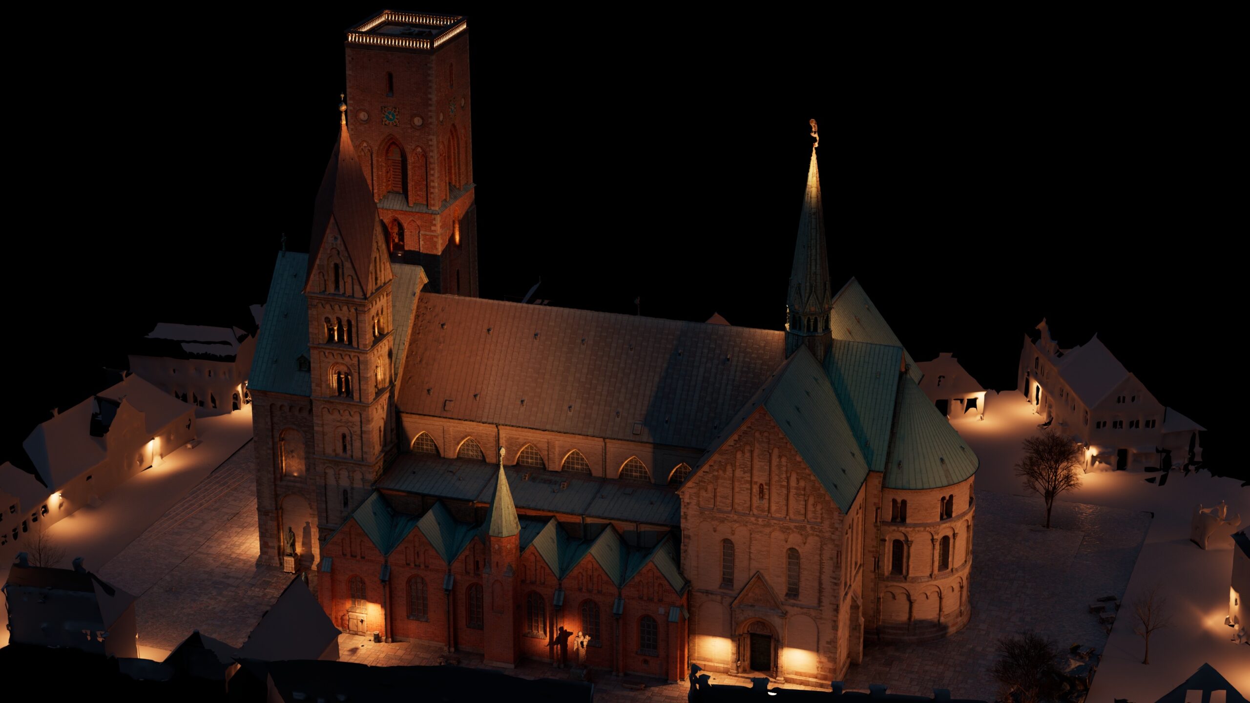Modelleret foto af forslag til belysning af Ribe Domkirke fra syd, men prøveopsætningen er ikke så omfangsrig. Illustration: Lysdesigner Iben Winter Orton.