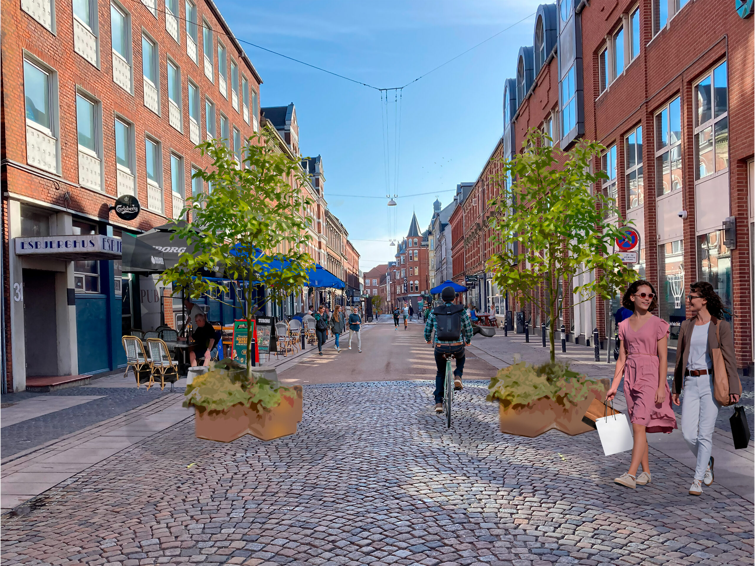 Ligesom i 2025 vil Skolegade på strækningen mellem Torvet og Englandsgade blive til gågadezone - og i år også uden bustrafik. Visualisering: Esbjerg Kommune.