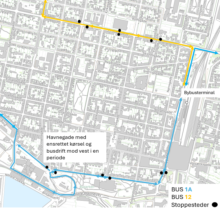 Busserne vil køre alternative ruter i forbindelse med byrumsforsøget. Illustration: Esbjerg Kommune.