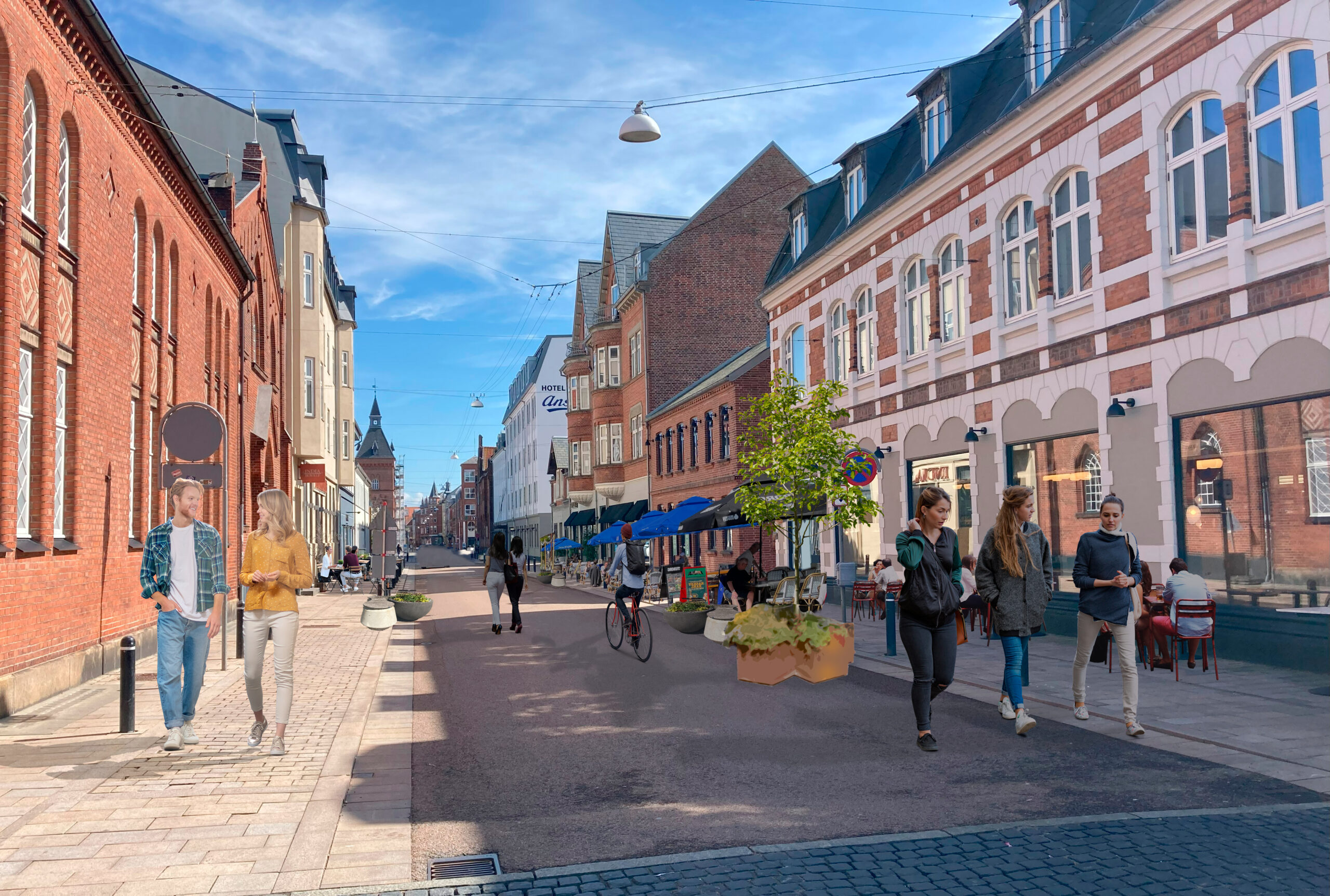Strækningen fra Kirkegade til Torvet i Skolegade bliver i år også integreret i forsøget. Visualisering: Esbjerg Kommune.