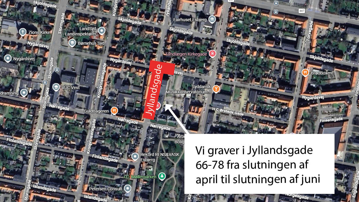 Fjernvarmerørene udskiftes på strækningen mellem Jyllandsgade 66 og 78. Illustration: DIN Forsyning.