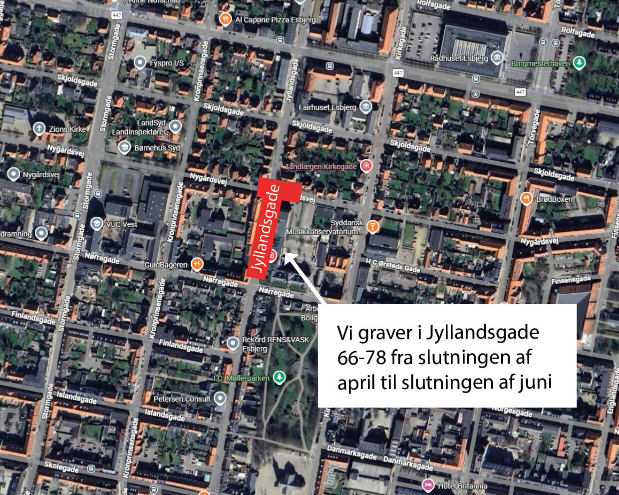 Fjernvarmerørene udskiftes på strækningen mellem Jyllandsgade 66 og 78. Illustration: DIN Forsyning.