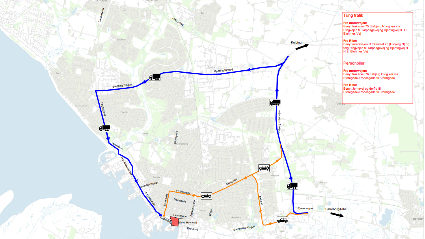 Trafikken påvirkes: Toldbodvej, Østre Havnevej og Hulvejen bliver midlertidigt spærret under festivalen. Grafik: Esbjerg Kommune