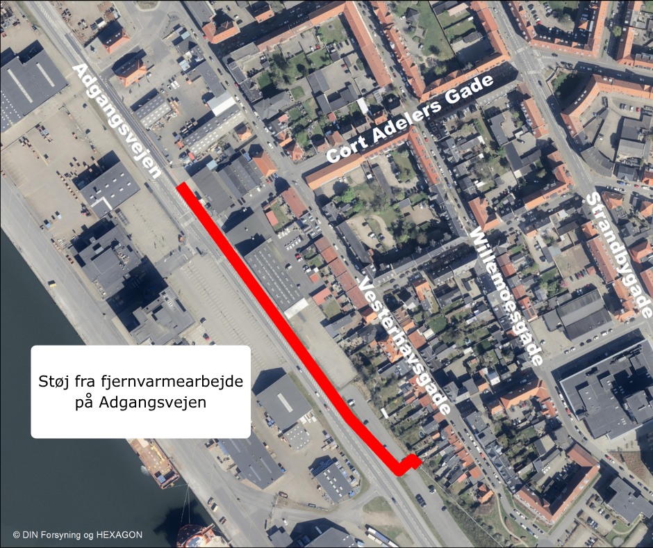 Kortet viser den strækning på Adgangsvejen, hvor DIN Forsyning udfører det støjende fjernvarmearbejde. Grafik: DIN Forsyning.