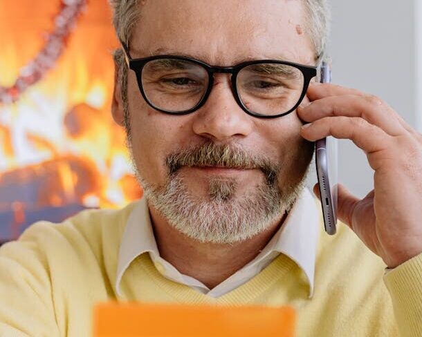 man in yelMand med kreditkort. Genrefoto: AI25.Studio Studio.low sweater wearing black framed eyeglasses holding a card while talking on phone
