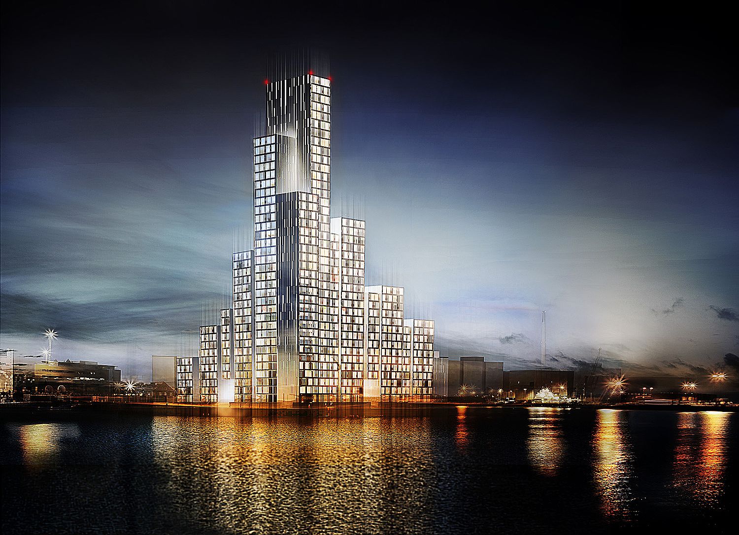 Den nuværende lokalplan tillader byggeri op til 38 etager - her en visualisering af Dokken Towers fra 2015. I det nye forslag lægges der op til en 24-etagers bygning som den højeste. Illustration: CF Møller Architects.